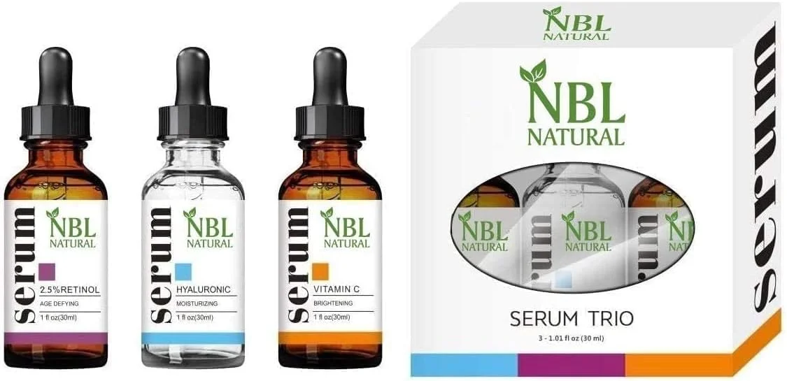 مجموعه ضد پیری NBL NATURAL با سرم ویتامین C، رتینول و اسید هیالورونیک برای ضد چروک، مرطوب کننده و رفع تیرگی دور چشم (3 x 30 میلی لیتر)