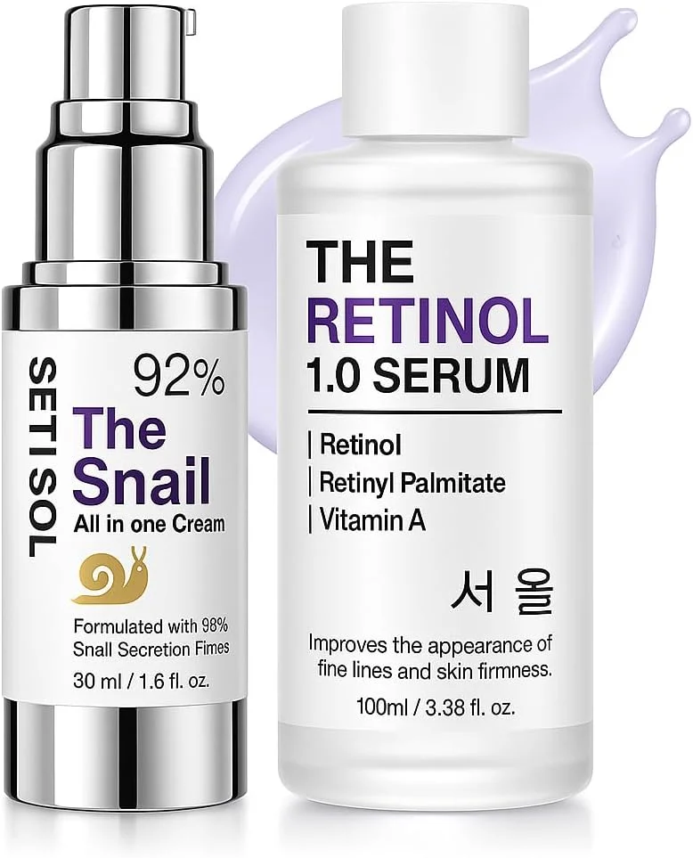 مجموعه سرم رتینول و کرم موسین حلزون - مراقبت از پوست ضد پیری با 1% رتینول، ویتامین C و A (سرم 100 میلی لیتری + کرم ترمیم کننده 30 میلی لیتری) - مرطوب کننده آبرسان صورت برای کاهش چین و چروک و درخشش پوست
