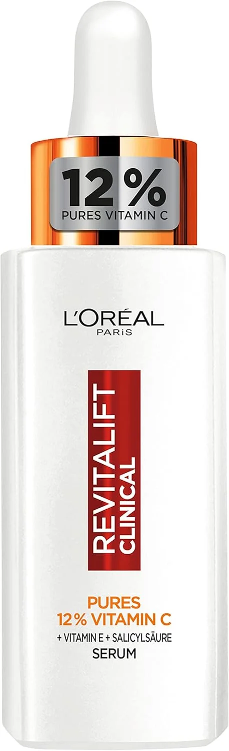 سرم ویتامین C خالص 12% لورآل پاریس، برای رنگ پوستی درخشان و کاهش منافذ باز، مقابله با اولین نشانه های پیری پوست، Revitalift Clinical، 1 عدد 30 میلی لیتر