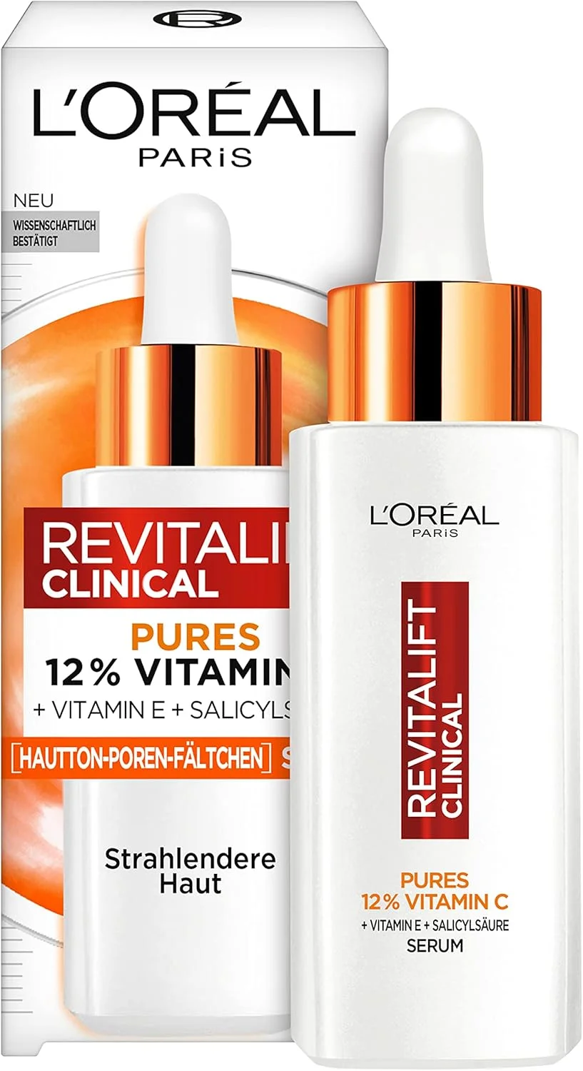 سرم ویتامین C خالص 12% لورآل پاریس، برای رنگ پوستی درخشان و کاهش منافذ باز، مقابله با اولین نشانه های پیری پوست، Revitalift Clinical، 1 عدد 30 میلی لیتر