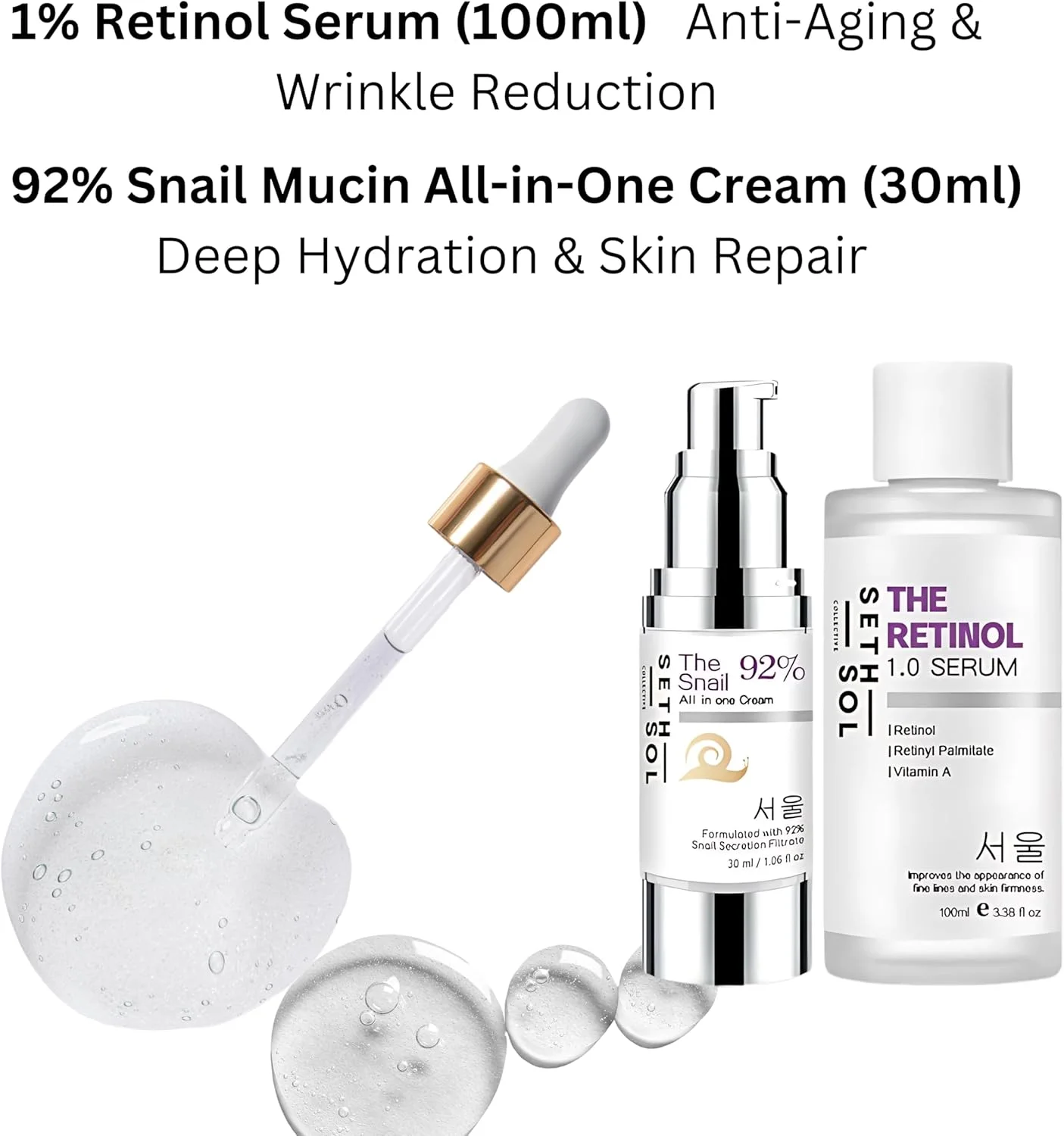 مجموعه سرم رتینول و کرم موسین حلزون - مراقبت از پوست ضد پیری با 1% رتینول، ویتامین C و A (سرم 100 میلی لیتری + کرم ترمیم کننده 30 میلی لیتری) - مرطوب کننده آبرسان صورت برای کاهش چین و چروک و درخشش پوست