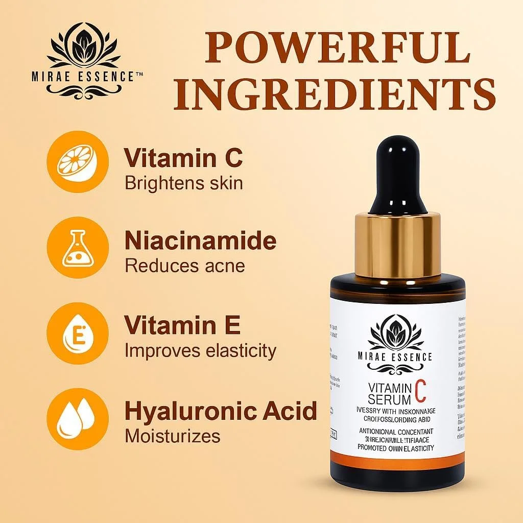 سرم صورت ویتامین C با نیاسینامید و هیالورونیک اسید | روشن کننده، آبرسان، محو کننده لکه های تیره | ضد پیری | پوست درخشان برای آقایان و بانوان | مناسب انواع پوست | 30 میلی لیتر