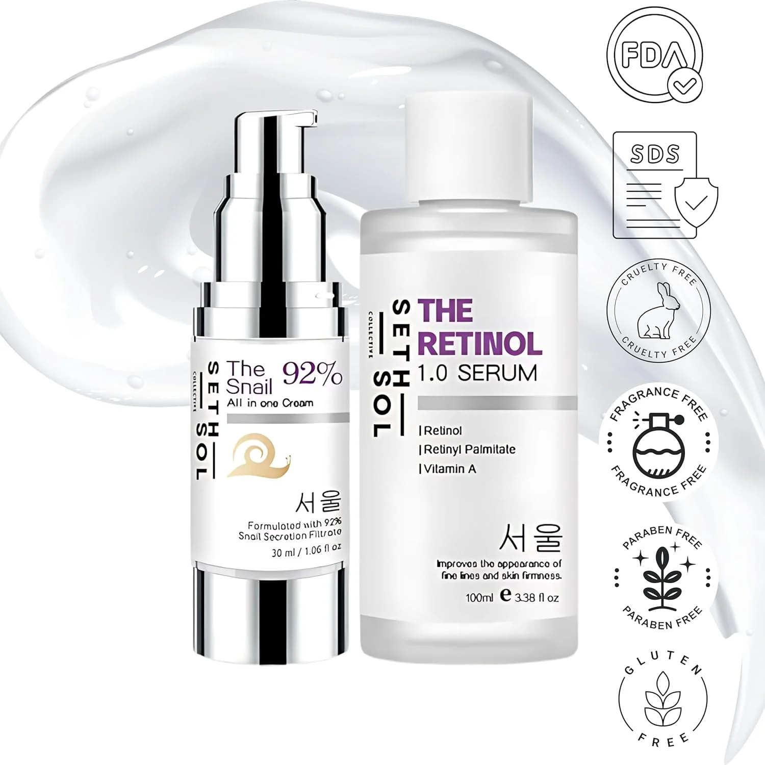 مجموعه سرم رتینول و کرم موسین حلزون - مراقبت از پوست ضد پیری با 1% رتینول، ویتامین C و A (سرم 100 میلی لیتری + کرم ترمیم کننده 30 میلی لیتری) - مرطوب کننده آبرسان صورت برای کاهش چین و چروک و درخشش پوست