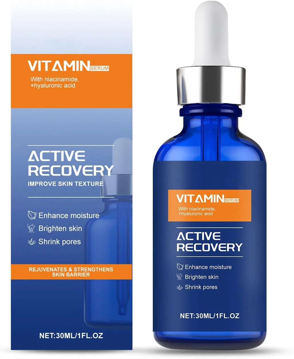 سرم ویتامین C برای صورت حاوی اسید هیالورونیک 20٪، نیاسینامید، ویتامین E و پپتیدهای کلاژن - روشن کننده پوست برای چین و چروک، لکه های تیره و خطوط ریز - سرم سلول های بنیادی ضد پیری برای صورت