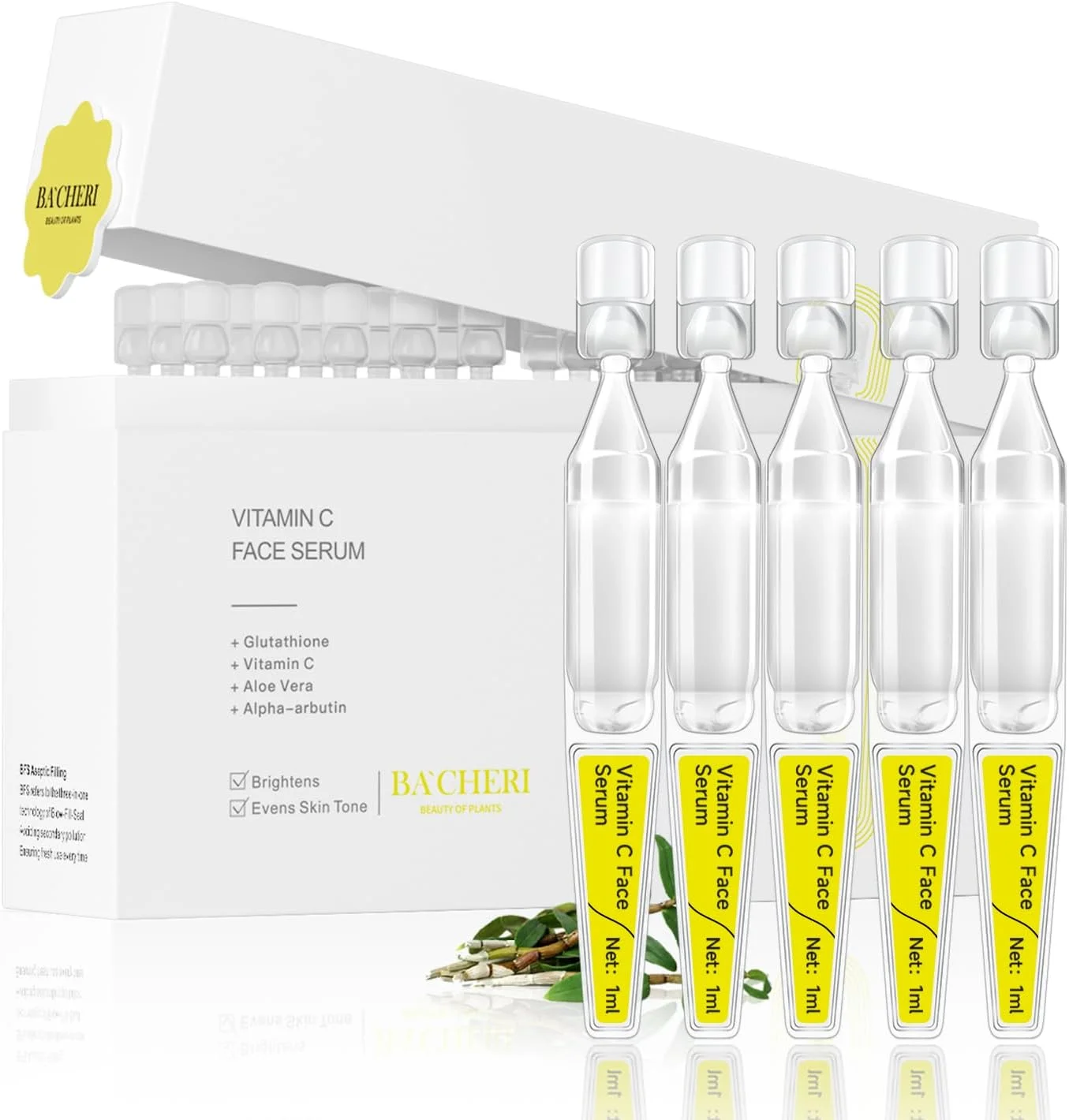 سرم ویتامین C صورت با هیالورونیک اسید، گلوتاتیون و آلوئه ورا ارگانیک، سرم آبرسان و روشن کننده، از بین برنده لک های تیره، سرم صورت ضد پیری، 30 آمپول