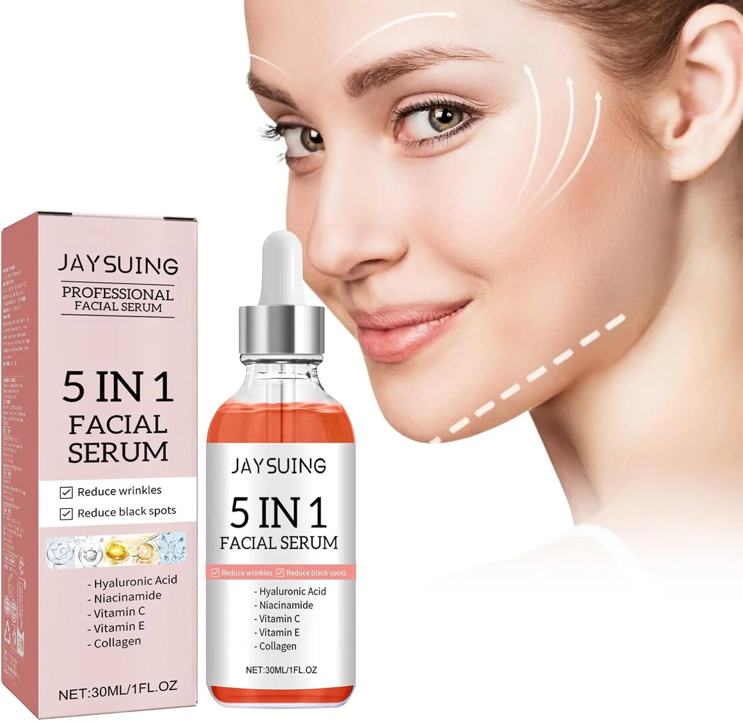 سرم صورت 5 در 1 حاوی اسید هیالورونیک، نیاسینامید و ویتامین C - آبرسان، ضد پیری، ضد چروک، سفت کننده، از بین برنده لک های تیره - 30 میلی لیتر