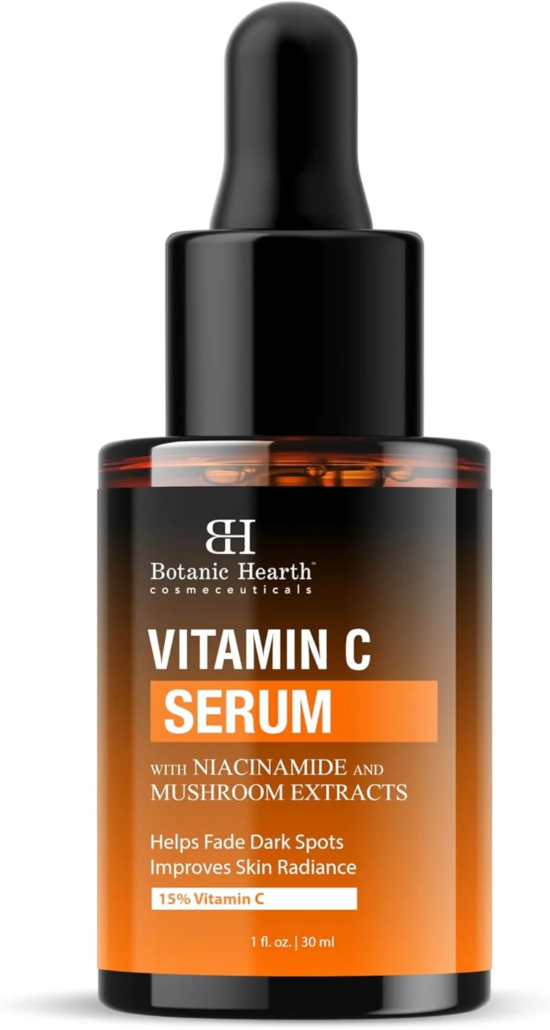 سرم صورت ویتامین C 15% بوتانیک هارت حاوی نیاسینامید، اسید هیالورونیک، آلانتوئین، سیکا، اسید فرولیک و ویتامین E | هدف قرار دادن لکه های تیره، آسیب های ناشی از نور خورشید، و چین و چروک برای روشن و یکنواخت کردن رنگ پوست | 30 میل
