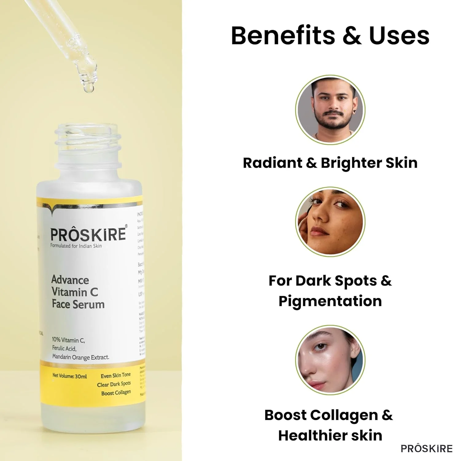 سرم پیشرفته 10% ویتامین C پروسکیر حاوی فرولیک اسید و عصاره نارنگی ماندارین، برای لکه‌های تیره، تیرگی پوست و درخشش صورت - بسته 30 میلی لیتری