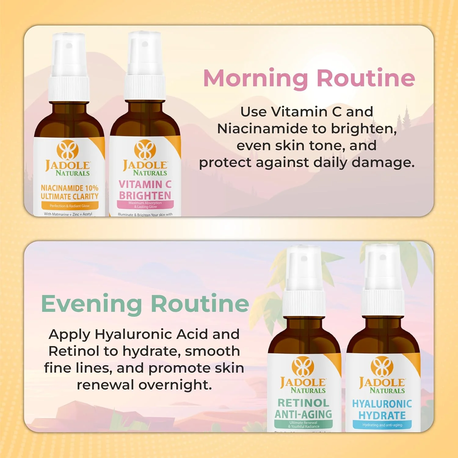 مجموعه سرم ضد پیری چهارتایی نچرالز جادول (هر کدام 30 میلی لیتر) | ویتامین C، رتینول، نیاسینامید و اسید هیالورونیک | افزایش درخشندگی، مبارزه با پیری، آبرسانی، افزایش شفافیت پوست و مرطوب کننده پوست