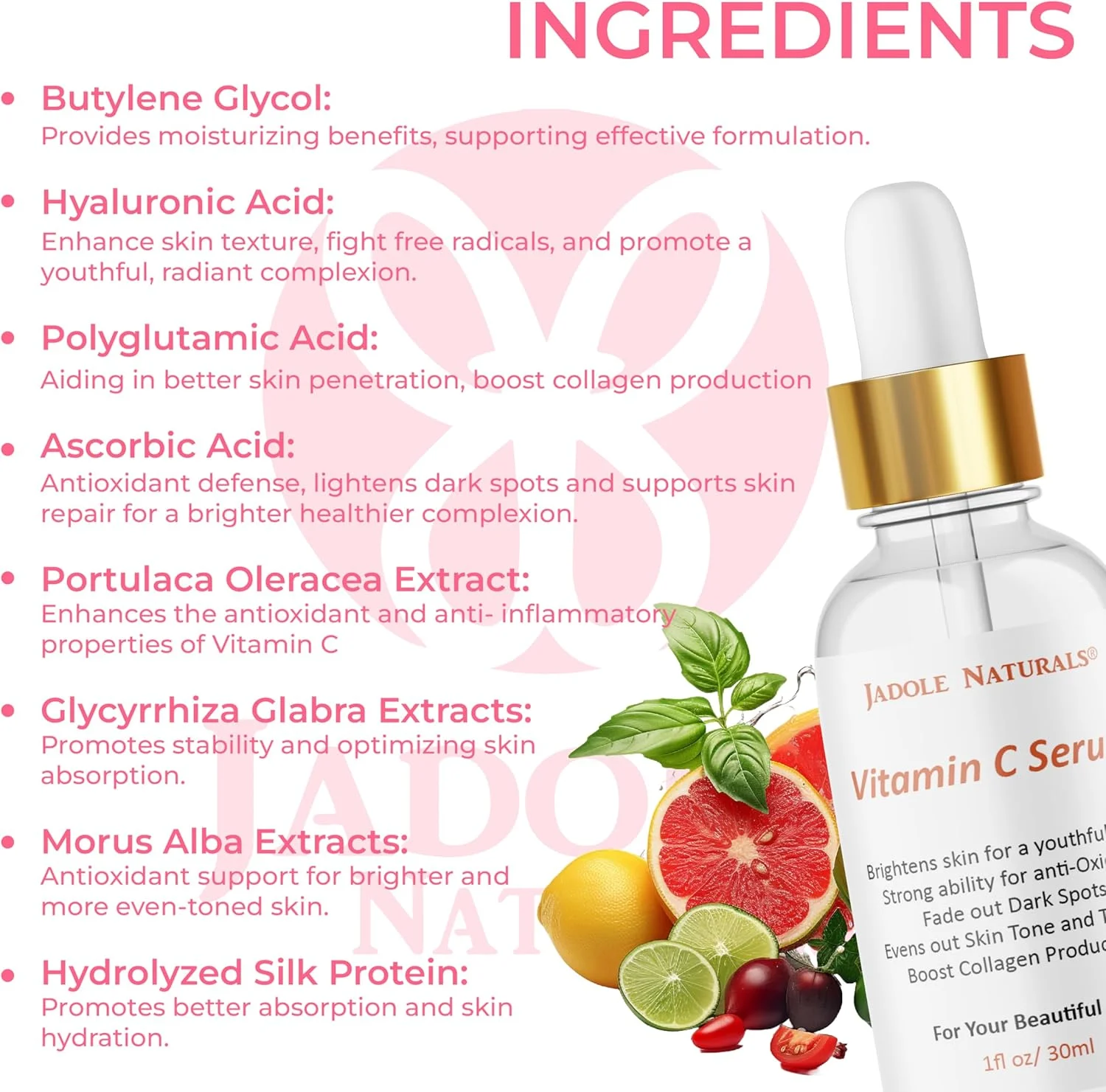 سرم صورت ویتامین C جادول نچرالز - 30 میلی لیتر | افزایش درخشندگی، بهبود آبرسانی و کمک به کاهش چین و چروک | اتیل آسکوربیک اسید و هیالورونیک اسید برای روشن شدن پوست