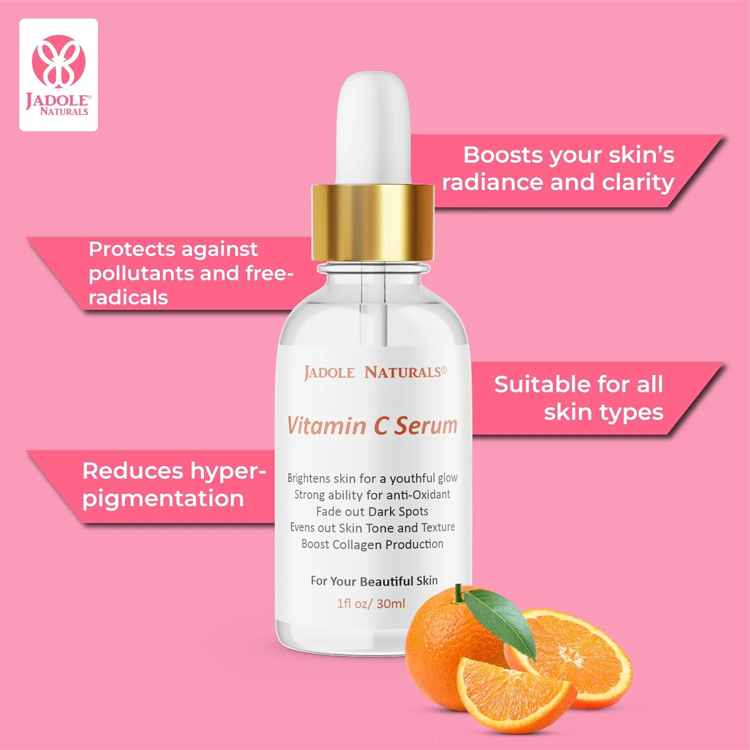 سرم صورت ویتامین C جادول نچرالز - 30 میلی لیتر | افزایش درخشندگی، بهبود آبرسانی و کمک به کاهش چین و چروک | اتیل آسکوربیک اسید و هیالورونیک اسید برای روشن شدن پوست