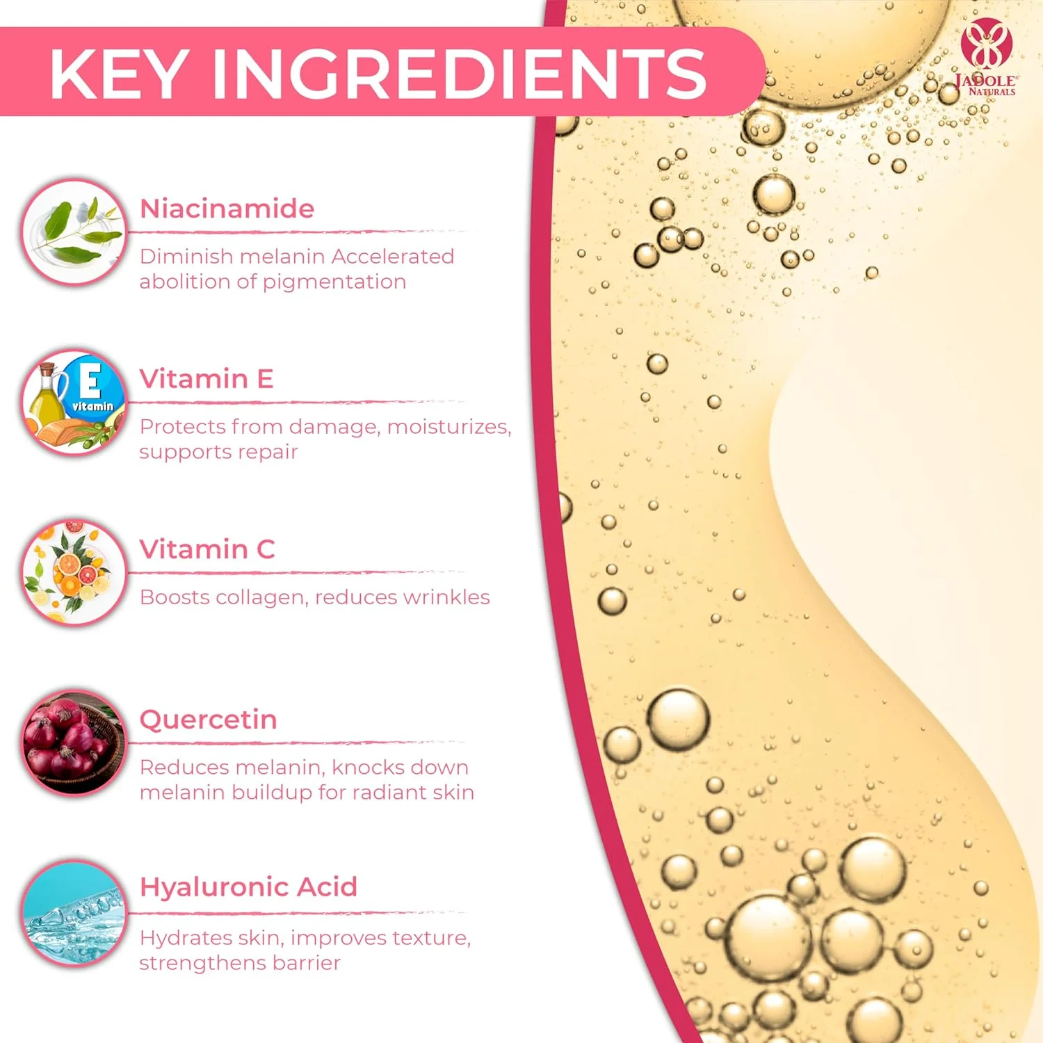 سرم ویتامین C صورت Jadole Naturals - 30 میلی لیتر | 20% اسید هیالورونیک و ویتامین E | سرم ضد پیری برای صاف کردن خطوط ریز، آبرسانی عمیق، روشن کننده پوست، کاهش چروک، درمان سیاهی دور چشم