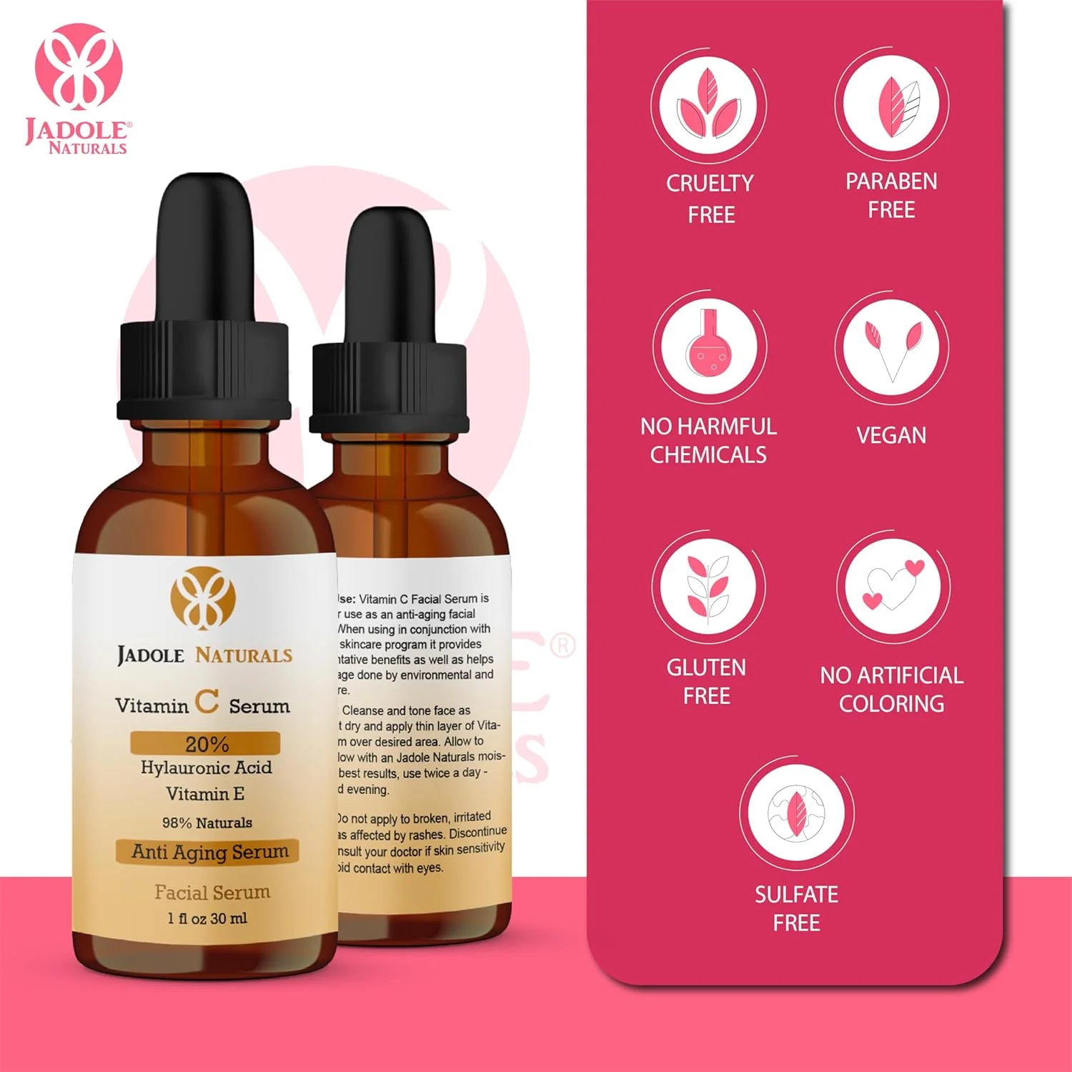 سرم ویتامین C صورت Jadole Naturals - 30 میلی لیتر | 20% اسید هیالورونیک و ویتامین E | سرم ضد پیری برای صاف کردن خطوط ریز، آبرسانی عمیق، روشن کننده پوست، کاهش چروک، درمان سیاهی دور چشم