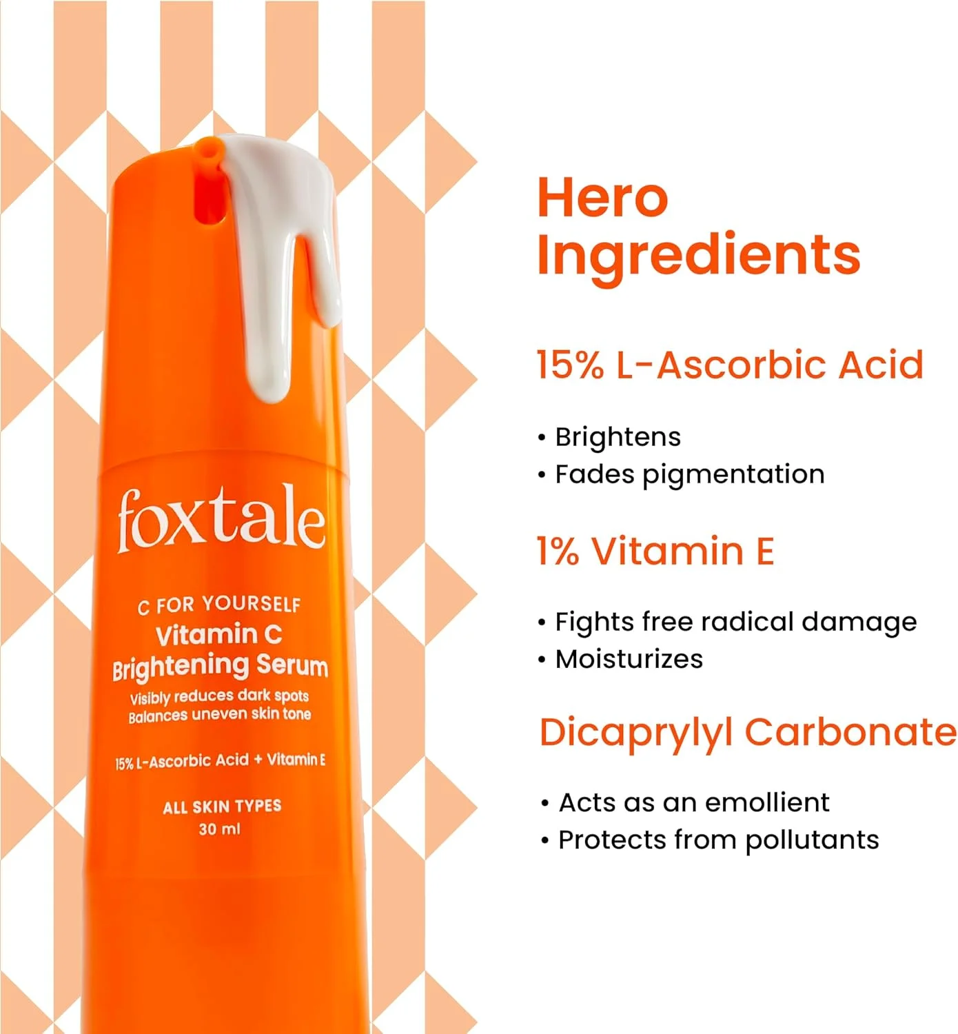 سرم صورت ویتامین C فاکستیل 15% برای درخشش | خالص ترین ویتامین C (ال-آسکوربیک اسید) با ویتامین E | مرطوب کننده برای پوست حساس | انواع پوست | صورت برای آقایان و بانوان | 30 میلی لیتر