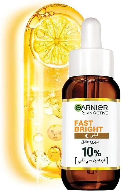 سرم تقویت کننده شبانه پوست صورت Garnier Skin Active Fast Bright با 10% ویتامین C خالص، 30 میلی لیتر