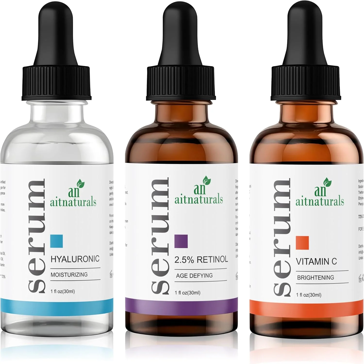 مجموعه سرم ضد پیری Aitnaturals (هر کدام 30 میلی لیتر) | سه گانه قدرتمند ویتامین C، رتینول و هیالورونیک اسید | کاهش چین و چروک، سفت کننده، آبرسان، افزایش درخشندگی، بهبود خاصیت ارتجاعی و مرطوب کننده پوست
