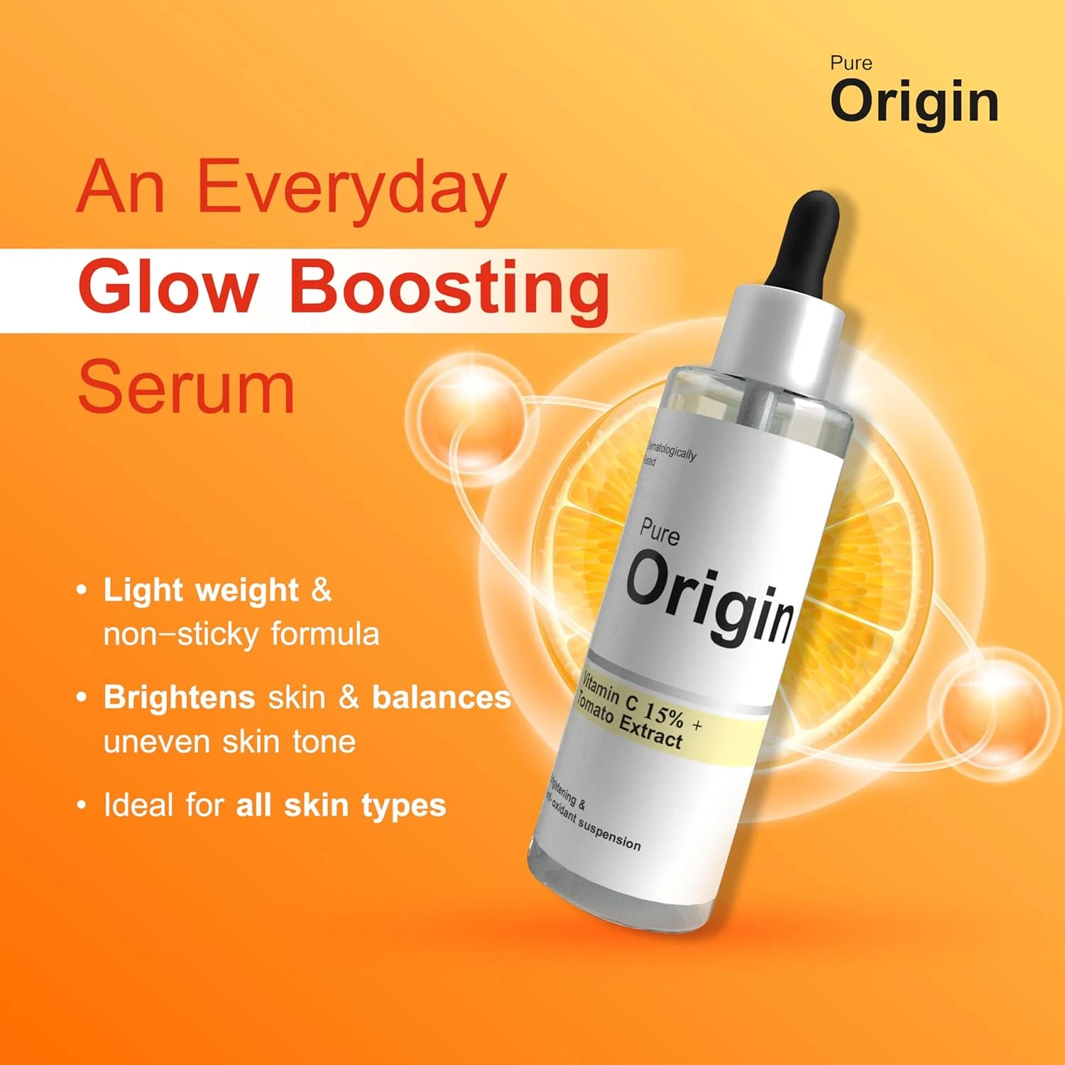 سرم صورت حاوی 15% ویتامین C و عصاره گوجه فرنگی Pure Origin | روشن کننده پوست | کاهش لکه های تیره | محافظت از پوست در برابر آسیب های محیطی | سازگار با محیط زیست | سرم تایید شده بالینی | 30 میلی لیتر