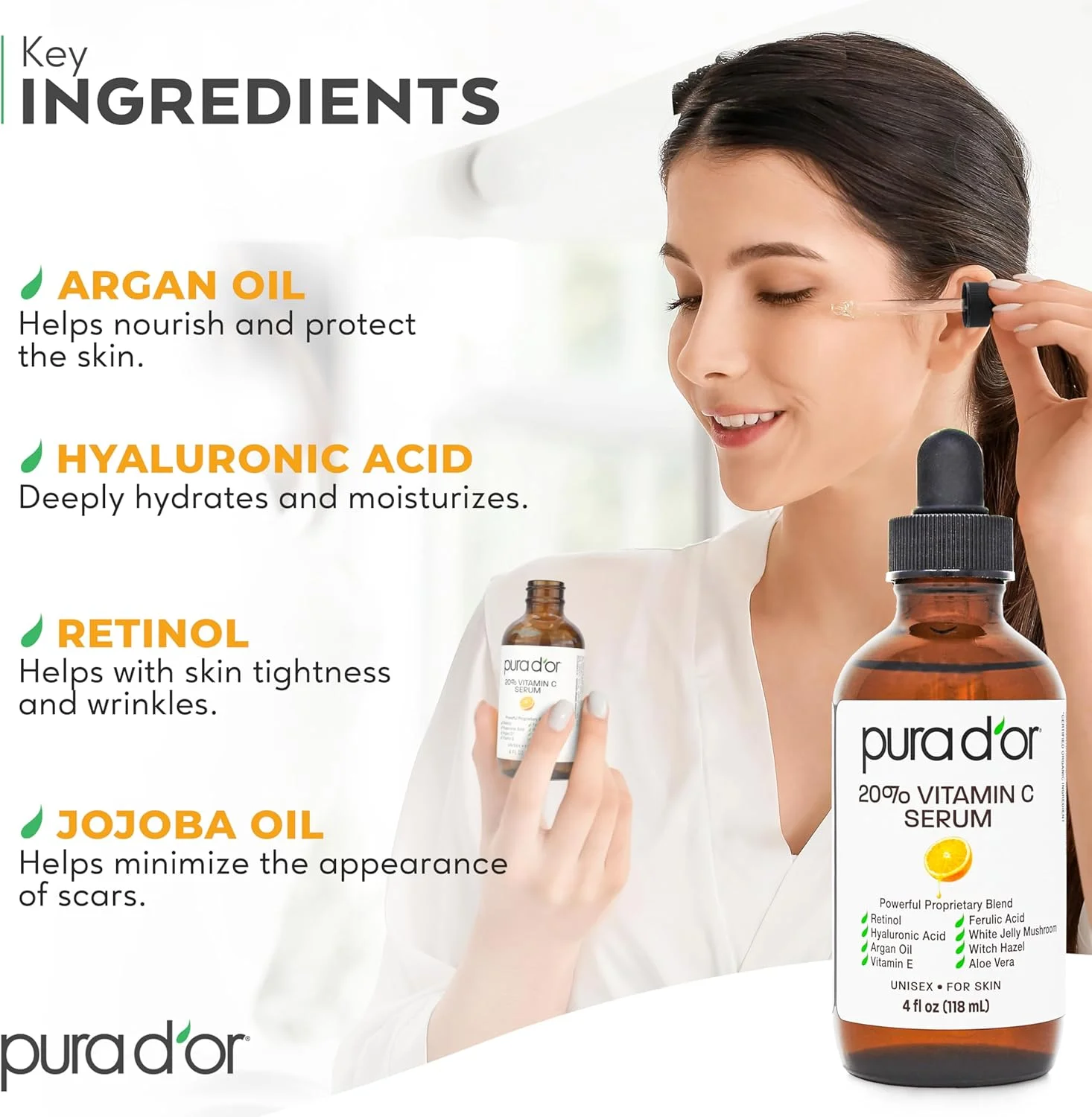 سرم ویتامین C 20% Pura D'Or حاوی هیالورونیک، فرولیک اسید، ویتامین E، روغن آرگان و آلوئه ورا - 118 میلی لیتر سرم ویتامین C 20% Pura D'Or حاوی هیالورونیک، فرولیک اسید، ویتامین E، روغن آرگان و آلوئه ورا - 118 میلی لیتر