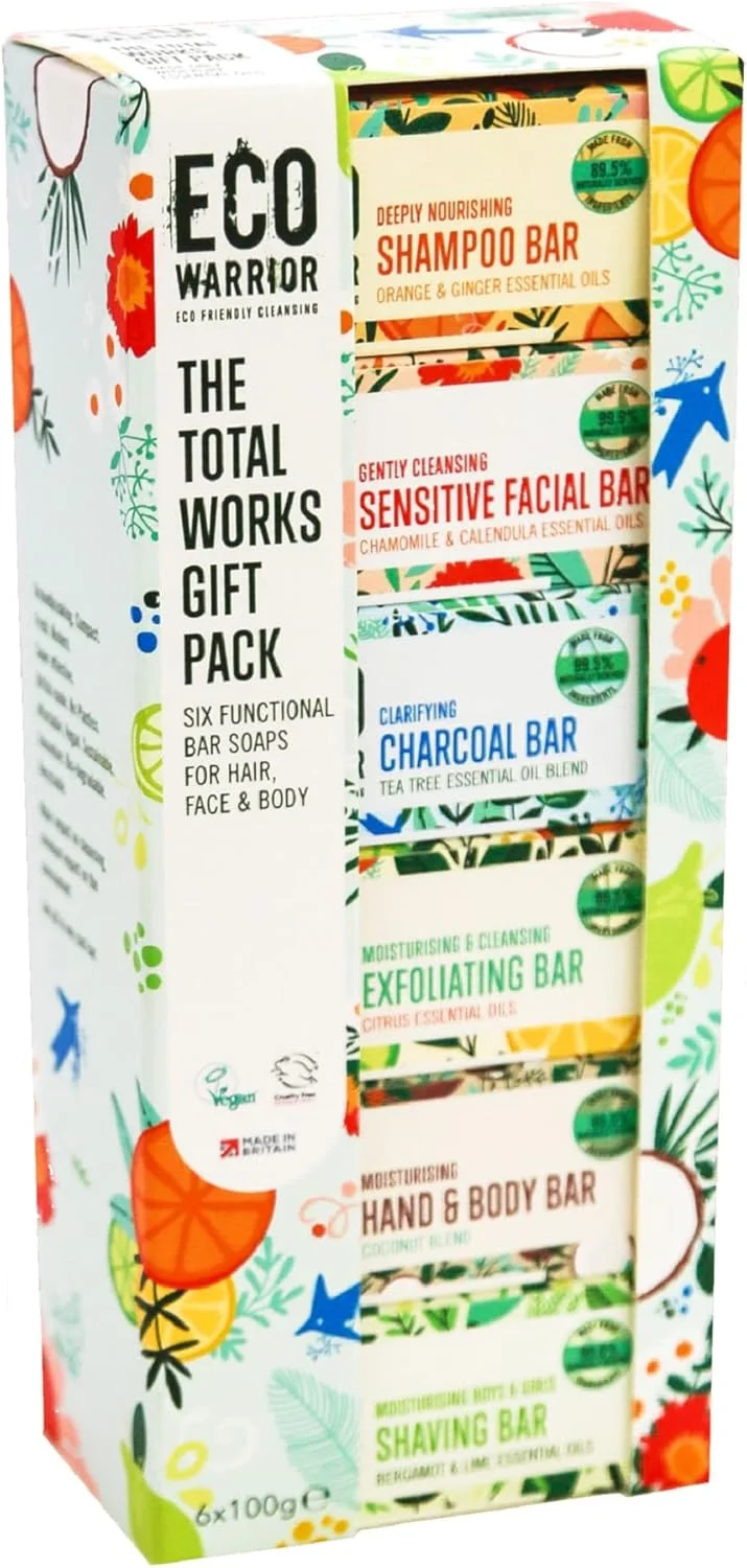 مجموعه هدیه کامل اکو واریور - شامپو بار، بار صورت حساس، دست و بدن، زغالی، لایه بردار و صابون اصلاح - طبیعی، سازگار با محیط زیست، وگان، صابون های بدون تست حیوانی، 100 گرم (بسته 6 عددی)