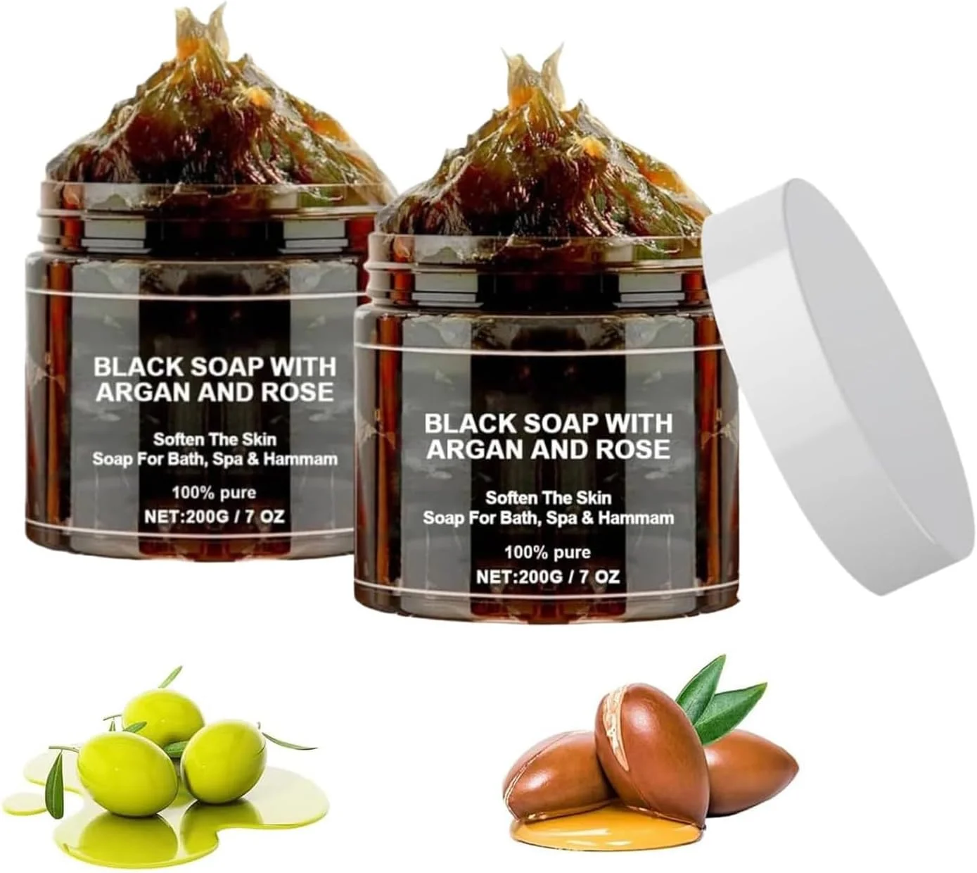 2 عدد صابون سیاه مراکشی زاوینا با روغن آرگان و گل رز - 207 میلی لیتر، پاک کننده ملایم، آبرسان و لایه بردار بدن