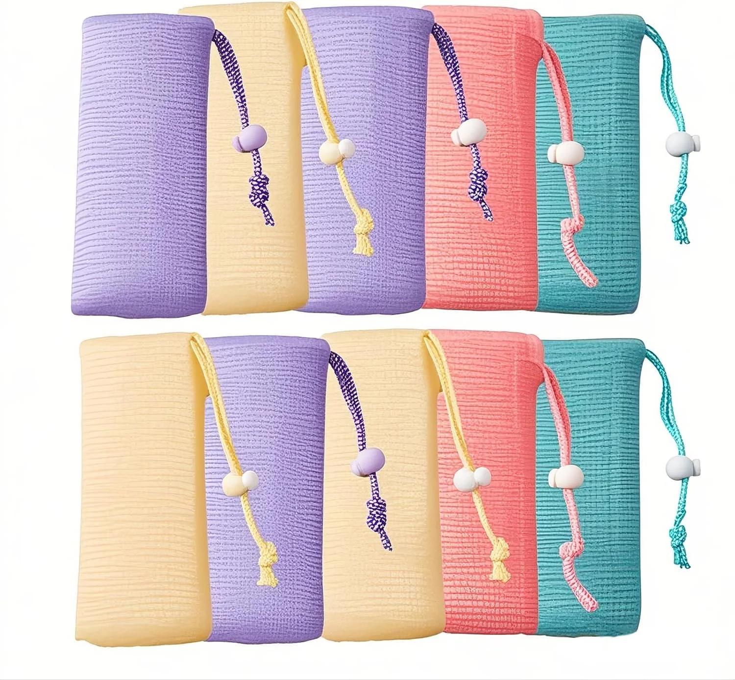 10 بسته کیسه توری صابون لایه بردار، کیسه محافظ صابون توری، کیسه توری حباب ساز، کیسه توری صابون بند دار برای ابزار تمیز کردن صورت و بدن در حمام، رنگ تصادفی