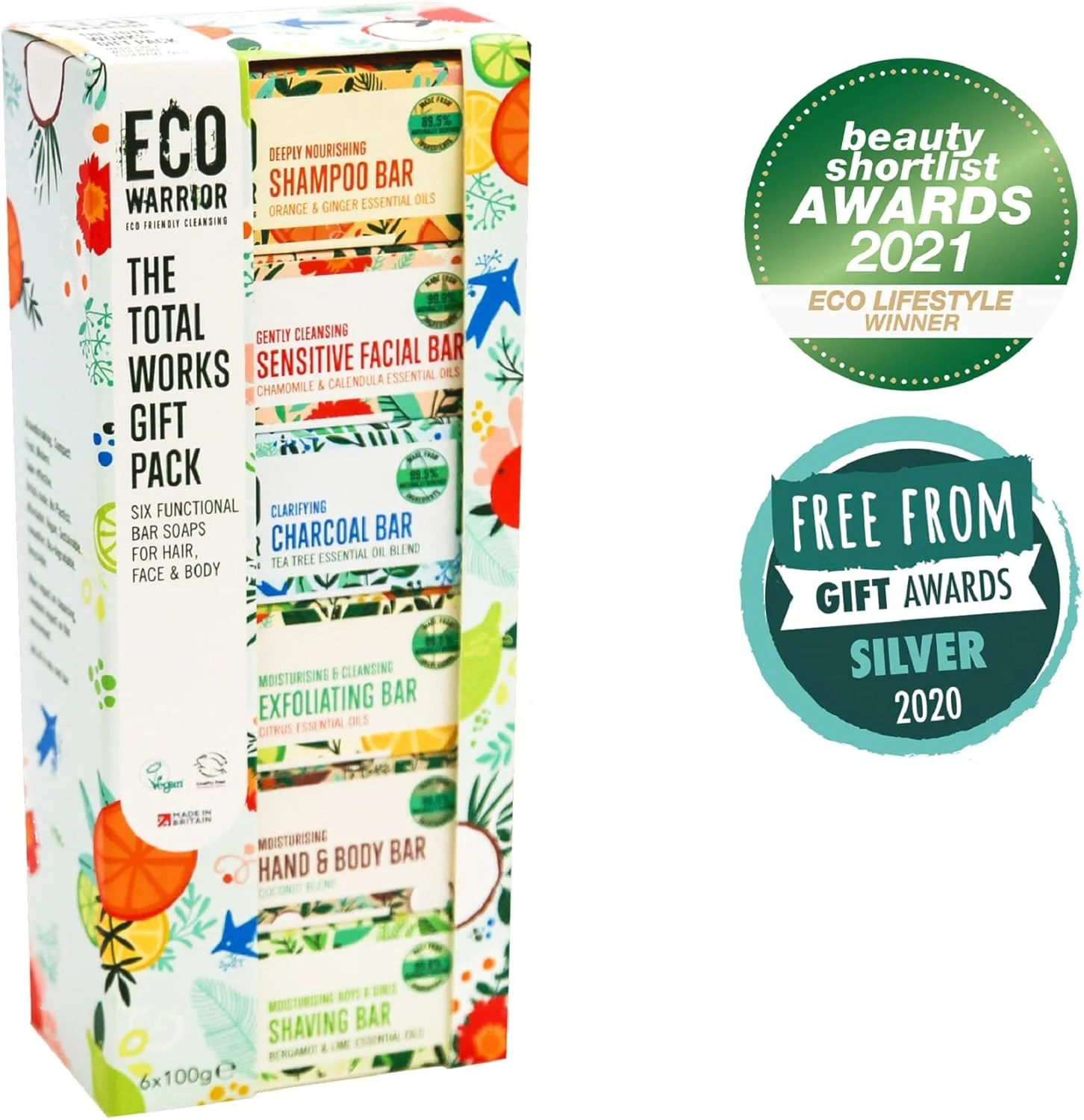 مجموعه هدیه کامل اکو واریور - شامپو بار، بار صورت حساس، دست و بدن، زغالی، لایه بردار و صابون اصلاح - طبیعی، سازگار با محیط زیست، وگان، صابون های بدون تست حیوانی، 100 گرم (بسته 6 عددی)