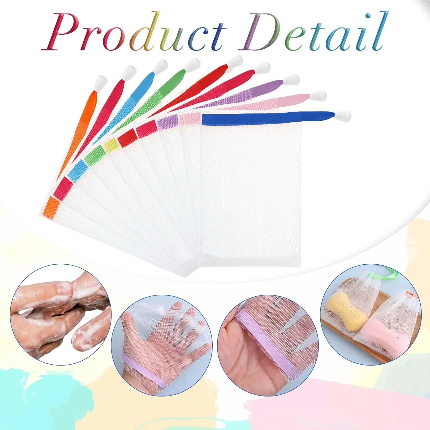 10 عدد کیسه توری صابون به همراه 2 عدد تور کف ساز، کیسه توری صابون برای دوش، کیسه توری لایه بردار صابون با بند کشی، کیسه صابون برای شستشوی بدن و صورت