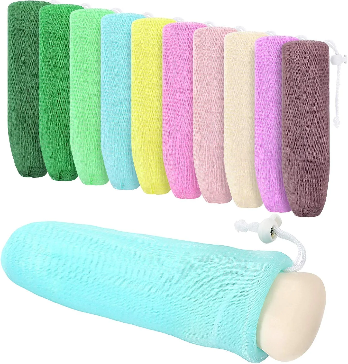 بسته 10 عددی کیسه توری صابون لایه بردار بوائو، کیسه محافظ صابون توری، تور فوم حباب ساز برای ابزار پاک کننده صورت بدن، رنگ های تصادفی