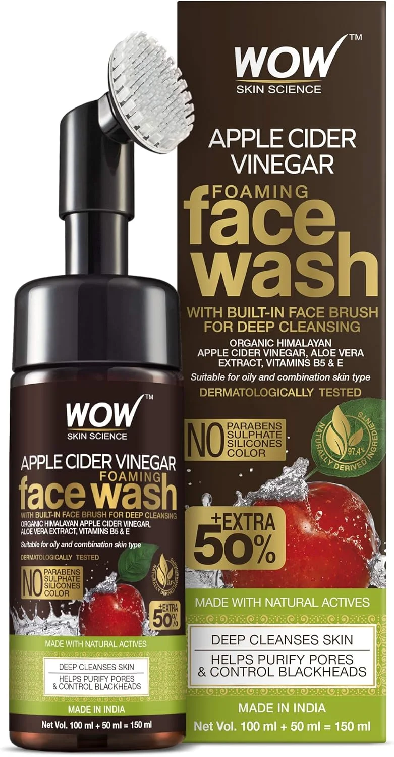 فوم شستشوی صورت سرکه سیب WOW Skin Science - بدون پارابن، سولفات، سیلیکون و رنگ (همراه با برس سرخود) - 150 میلی لیتر