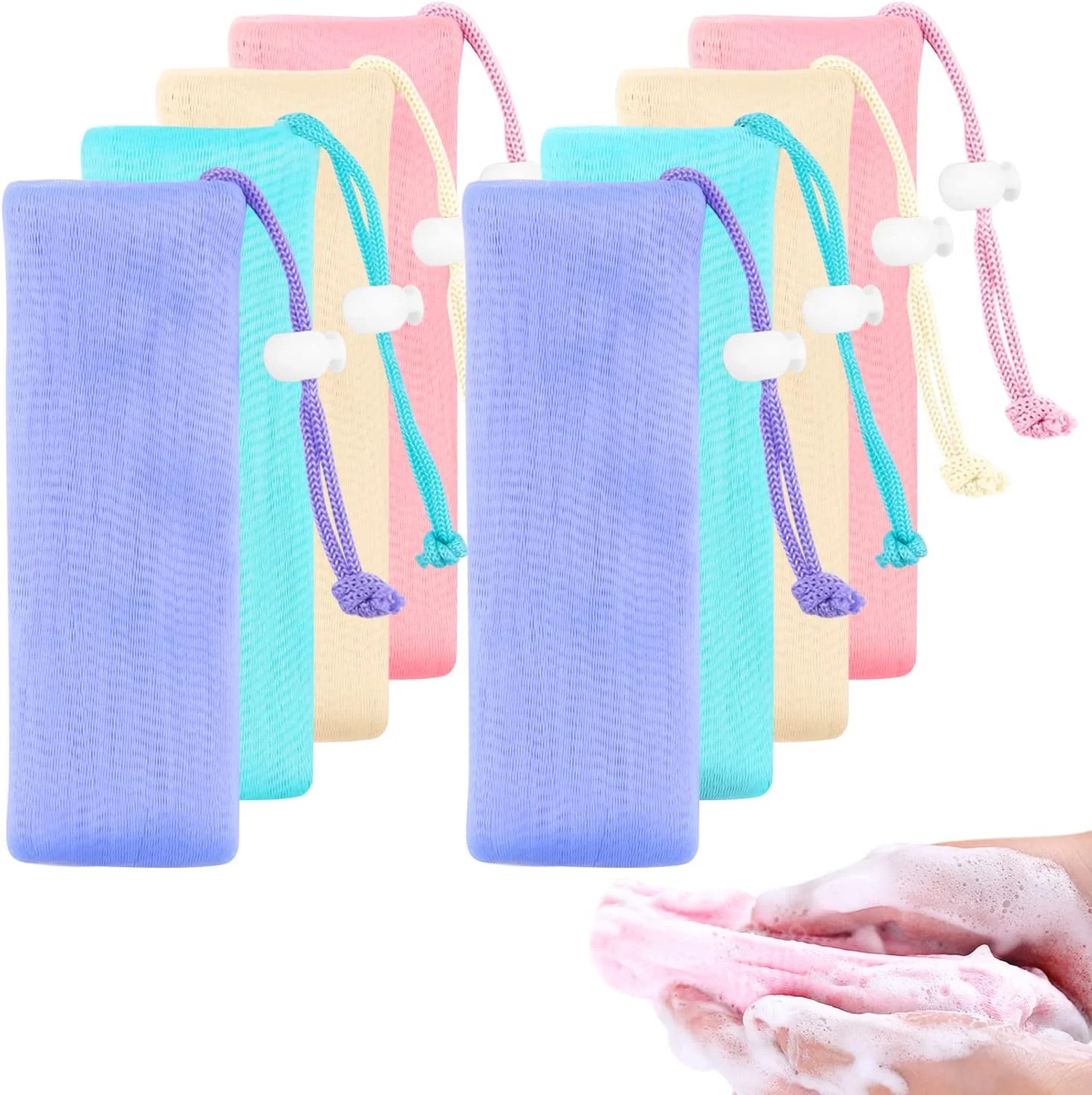 کیسه توری حباب صابون Cositina، 8 عدد، کیسه توری لایه بردار، کیسه محافظ صابون، توری کف کننده حباب دار با بند کشی برای پاکسازی صورت، دوش بدن، حمام - چند رنگ