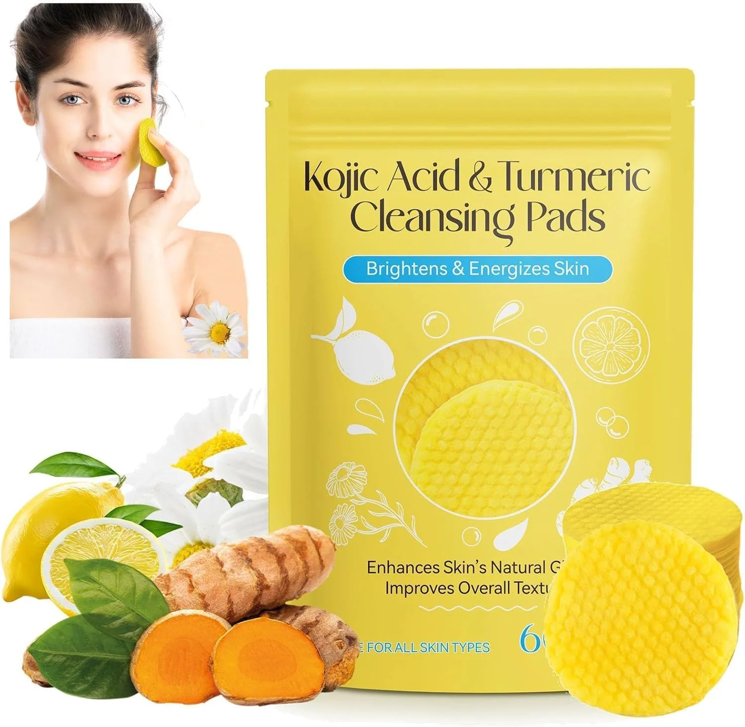 پدهای اسید کوجیک با زردچوبه و اسید گلیکولیک، پدهای پاک کننده لایه بردار و روشن کننده برای لک های تیره، هایپرپیگمانتاسیون و رنگ ناهموار پوست صورت و بدن