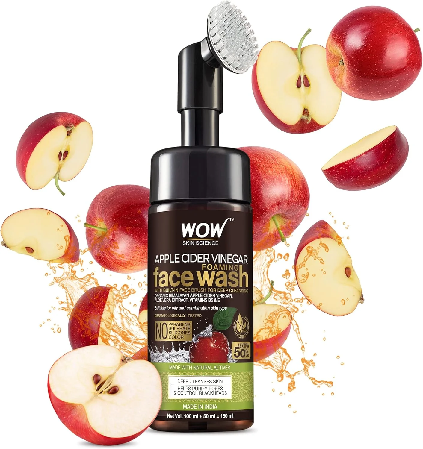 فوم شستشوی صورت سرکه سیب WOW Skin Science - بدون پارابن، سولفات، سیلیکون و رنگ (همراه با برس سرخود) - 150 میلی لیتر