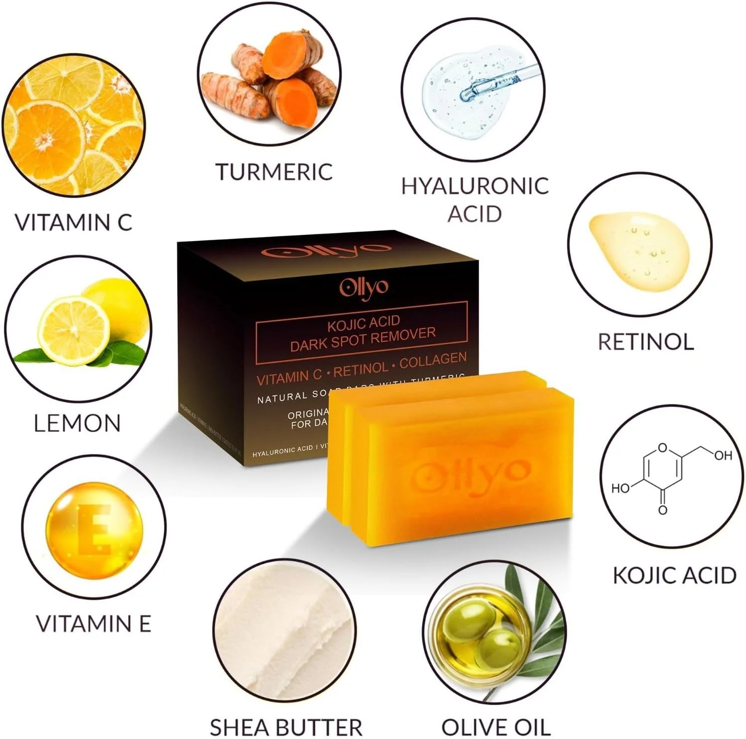 صابون روشن کننده پوست حاوی کوجیک اسید، ویتامین C و زردچوبه الیو - صابون صورت و بدن برای رفع تیرگی پوست، جای جوش و یکدست کردن رنگ پوست - بسته 2 عددی