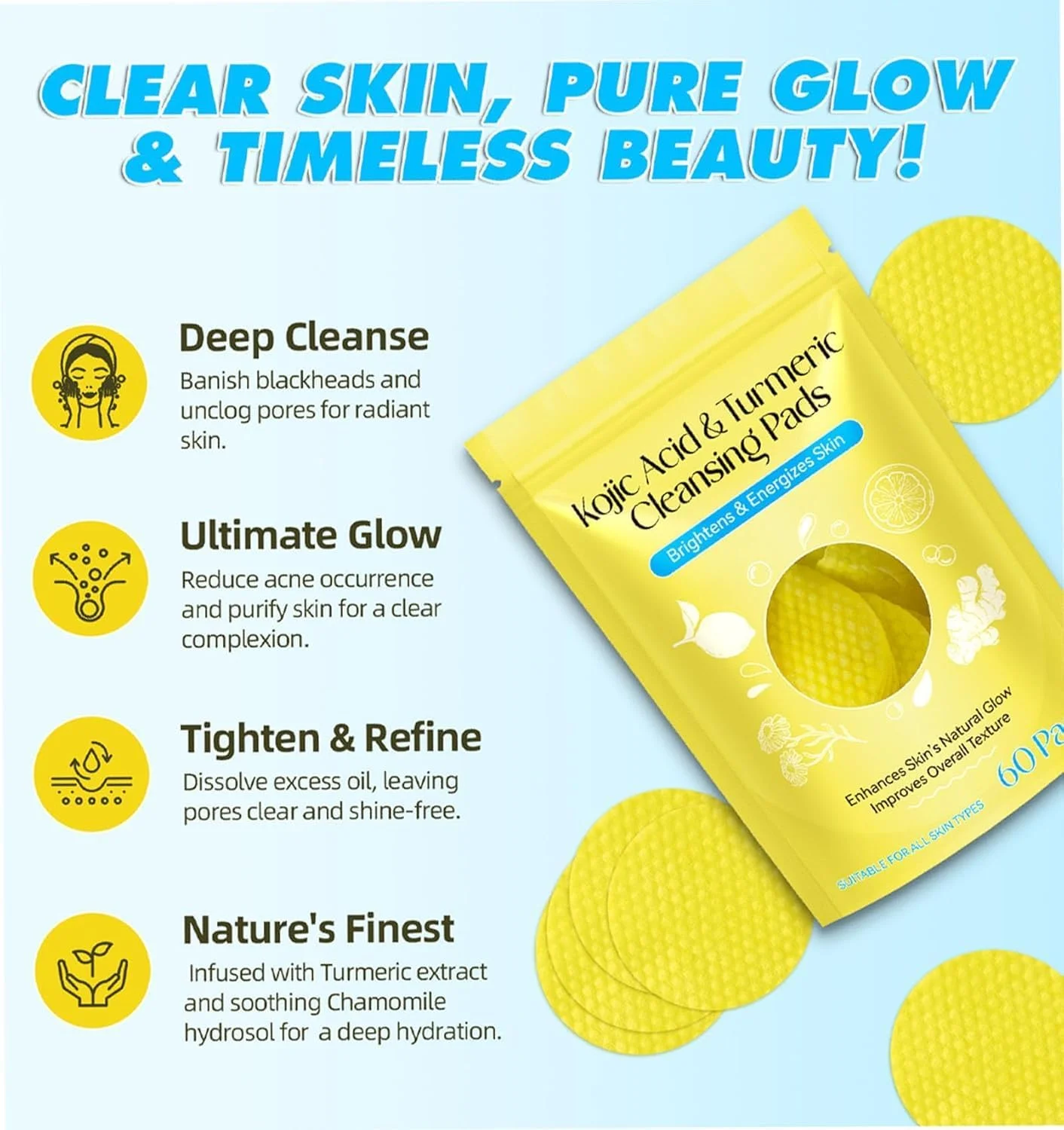 پدهای اسید کوجیک با زردچوبه و اسید گلیکولیک، پدهای پاک کننده لایه بردار و روشن کننده برای لک های تیره، هایپرپیگمانتاسیون و رنگ ناهموار پوست صورت و بدن