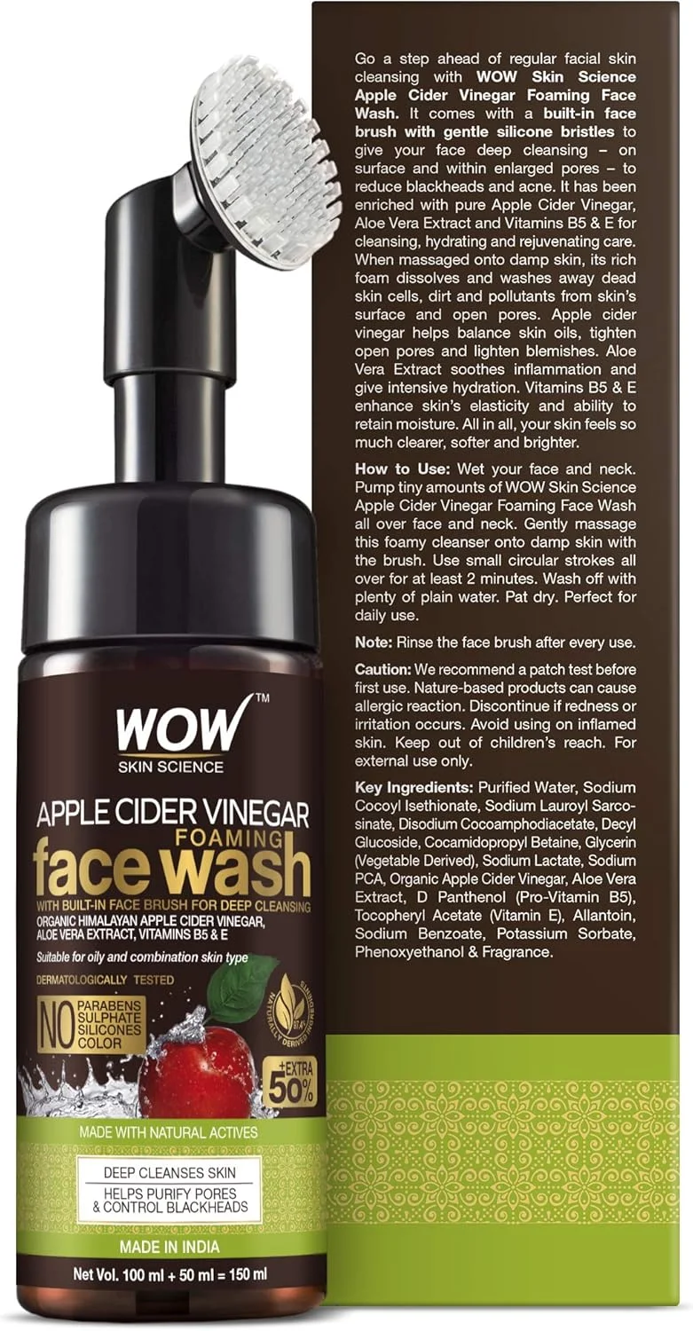 فوم شستشوی صورت سرکه سیب WOW Skin Science - بدون پارابن، سولفات، سیلیکون و رنگ (همراه با برس سرخود) - 150 میلی لیتر