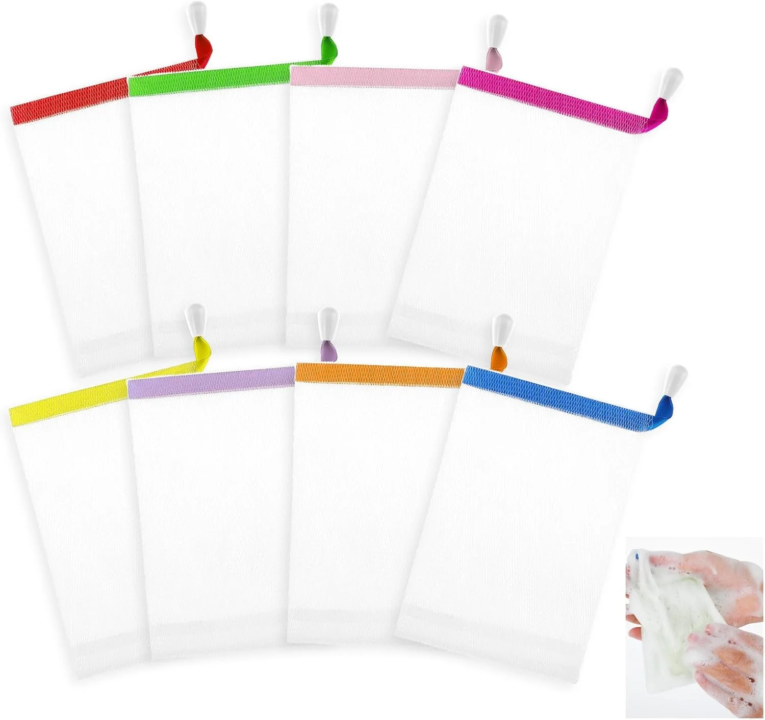 پک 12 عددی کیسه صابون پراساکو، کیسه صابون با بند کشی رنگی، توری صابون جامد، کیسه توری، توری فوم برای حمام، ابزار پاک کننده صورت، رنگ تصادفی