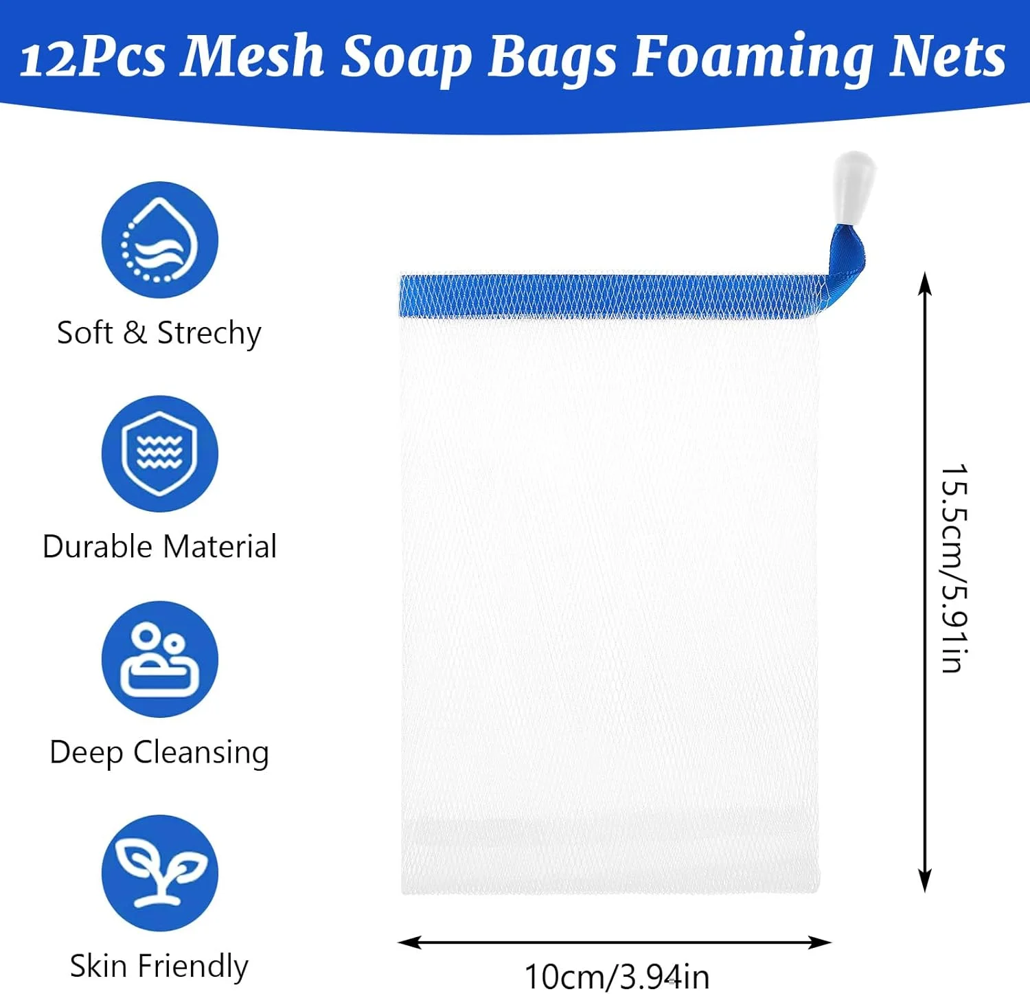 پک 12 عددی کیسه صابون پراساکو، کیسه صابون با بند کشی رنگی، توری صابون جامد، کیسه توری، توری فوم برای حمام، ابزار پاک کننده صورت، رنگ تصادفی