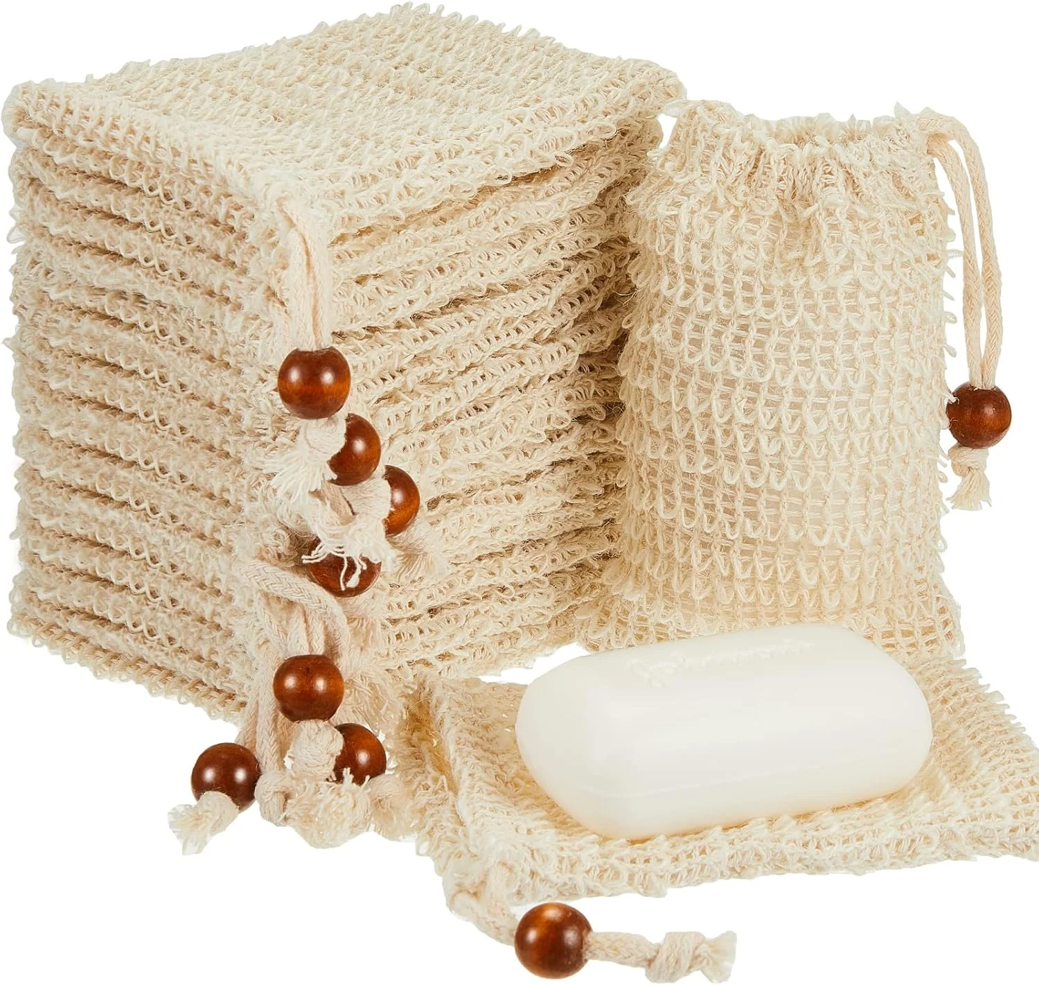 کیسه صابون کنهیل، کیسه صابون لیف‌دار، کیسه صابون لایه‌بردار با بند کشی، کیسه صابون میله‌ای با مهره چوبی برای کف کردن و خشک کردن صابون، توری لایه‌بردار برای حمام و دوش (80 عدد)