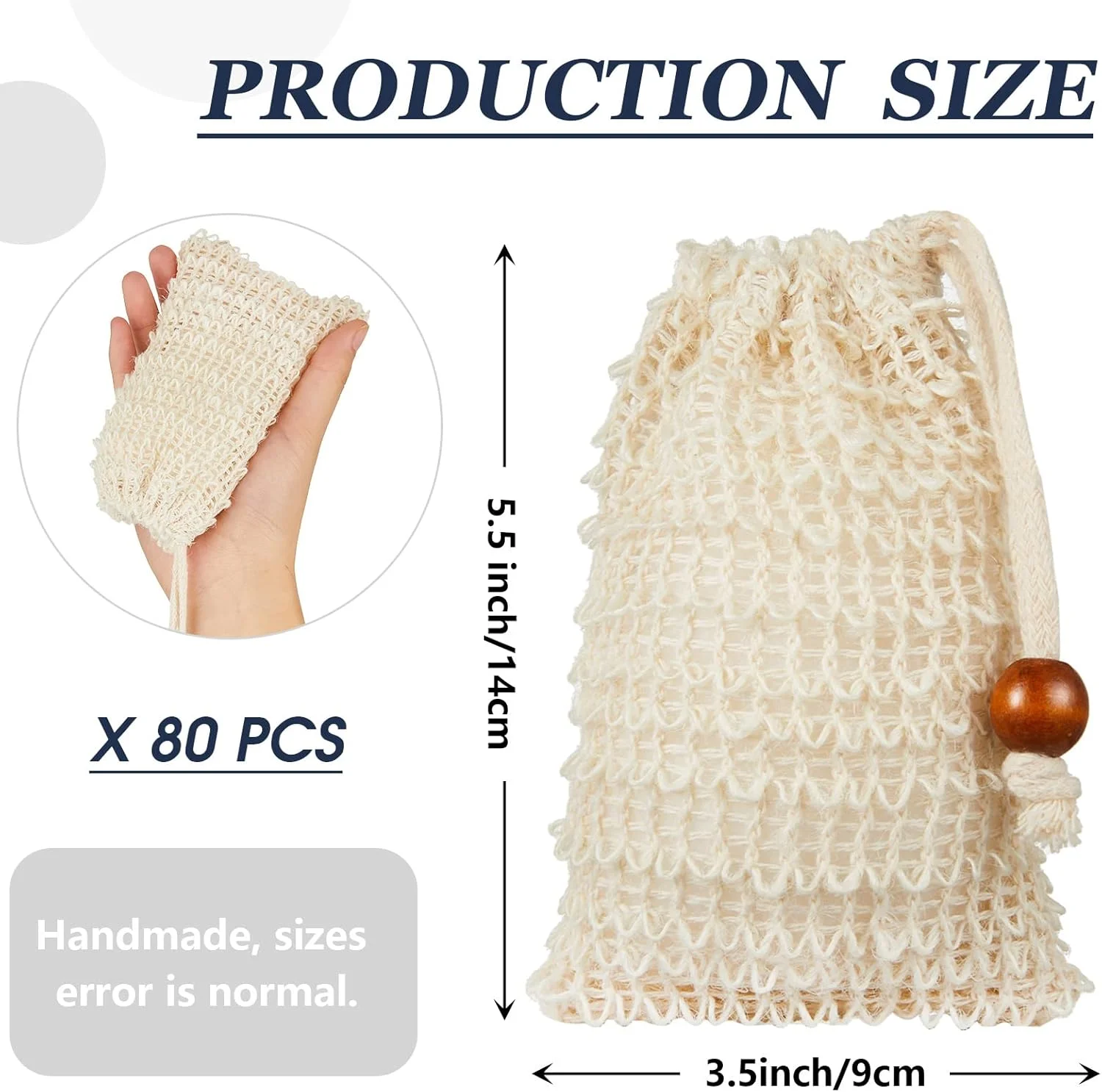 کیسه صابون کنهیل، کیسه صابون لیف‌دار، کیسه صابون لایه‌بردار با بند کشی، کیسه صابون میله‌ای با مهره چوبی برای کف کردن و خشک کردن صابون، توری لایه‌بردار برای حمام و دوش (80 عدد)