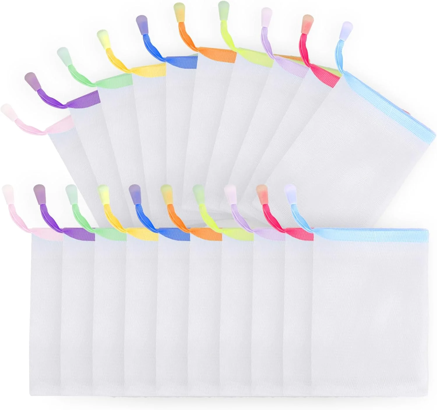 20 عدد کیسه توری حباب صابون دست ساز با بند کشی، کیسه توری محافظ صابون لایه بردار برای پاکسازی صورت و بدن (رنگ های متنوع)