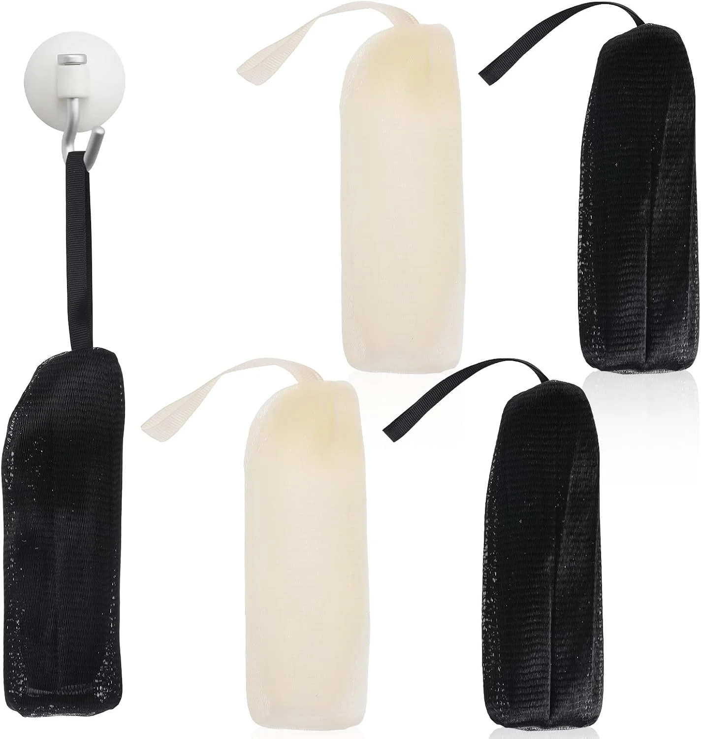 ۴ عدد کیسه توری لایه بردار صابون، کیسه صابون توری برای صابون قالبی، کیسه لیف صابونی کف کننده با بند کشی، توری صابون قابل استفاده مجدد برای دوش، حمام و اسکراب بدن، سفید و مشکی