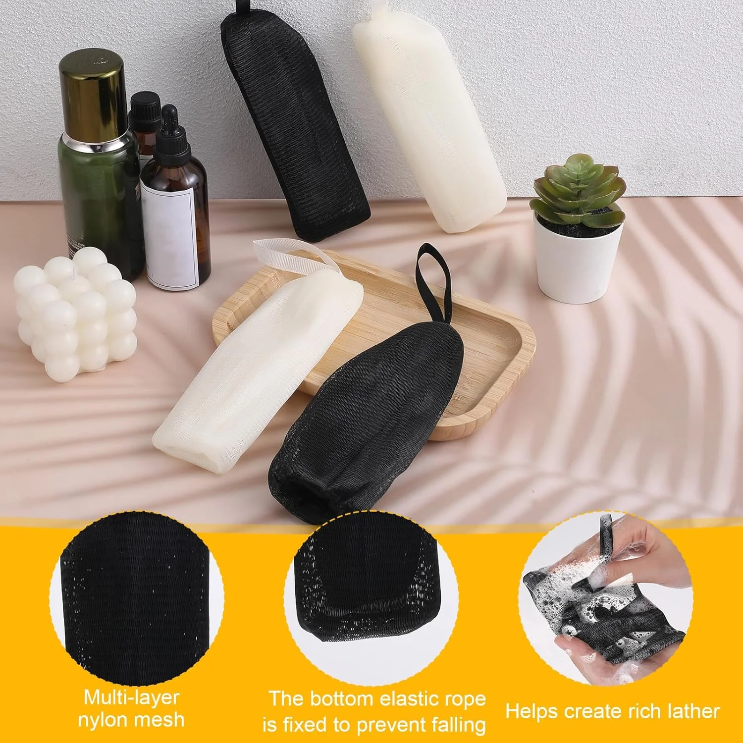 ۴ عدد کیسه توری لایه بردار صابون، کیسه صابون توری برای صابون قالبی، کیسه لیف صابونی کف کننده با بند کشی، توری صابون قابل استفاده مجدد برای دوش، حمام و اسکراب بدن، سفید و مشکی