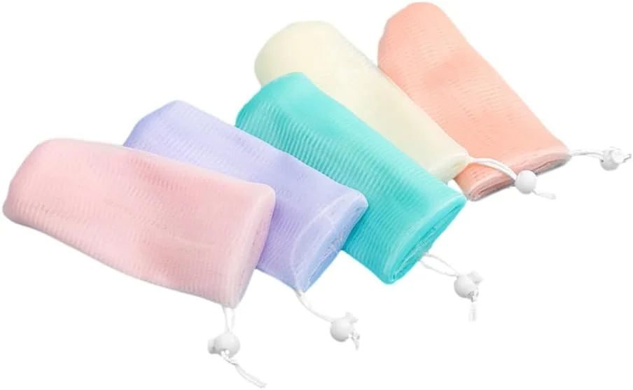 ۵ عدد کیسه توری صابون لایه بردار، کیسه توری حباب ساز برای دوش، کیسه توری کف ساز بند دار برای ابزار پاکسازی صورت و بدن، کیسه توری صابون با ۵ رنگ قابل استفاده مجدد