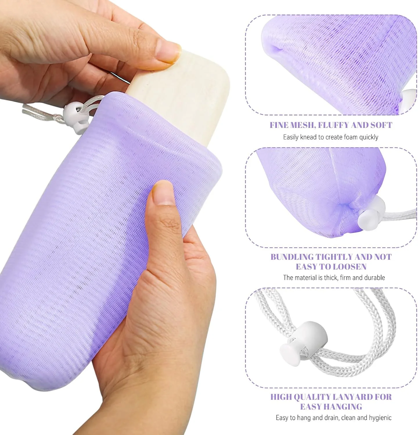 بسته 10 عددی کیسه توری ضخیم لایه بردار صابون، کیسه توری محافظ صابون، تور فوم حباب ساز برای ابزار پاکسازی صورت و بدن (بنفش)