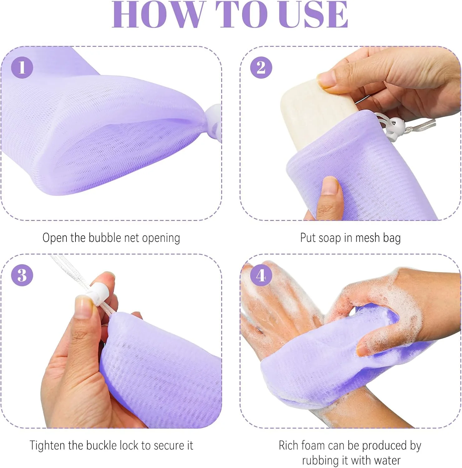 بسته 10 عددی کیسه توری ضخیم لایه بردار صابون، کیسه توری محافظ صابون، تور فوم حباب ساز برای ابزار پاکسازی صورت و بدن (بنفش)