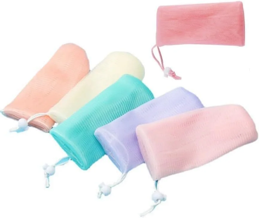 6 عدد کیسه توری صابون لایه بردار رنگ تصادفی، کیسه توری فوم حباب دار برای ابزار پاک کننده صورت بدن، برای کیسه محافظ دوش کیسه توری فوم بند کشی صابون به طور مکرر استفاده می شود پاک کننده های آسان برای ذخیره