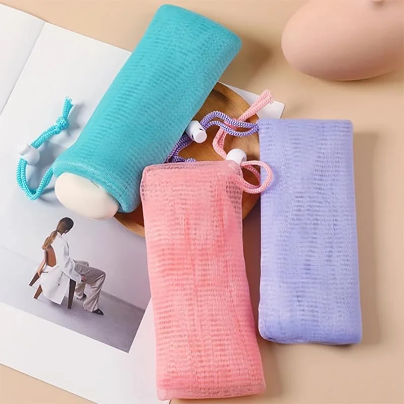 بسته 3 عددی کیسه توری فوم ساز 6 لایه، فوق العاده نرم و فوم ساز سریع برای شستشوی صورت، کیسه توری صابون با بند کشی، آبی، صورتی، بنفش