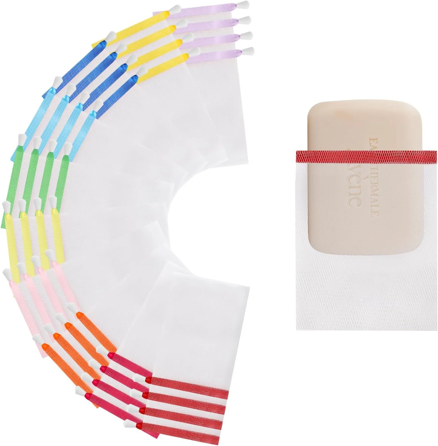 ۱۰۰ عدد کیسه صابون نرم برای دوش، کیسه نگهداری صابون لایه بردار با بند کشی برای کف کردن و خشک کردن، نرم برای ابزار تمیز کردن صورت و بدن، آسان برای ایجاد حباب و نگهداری صابون کوچک