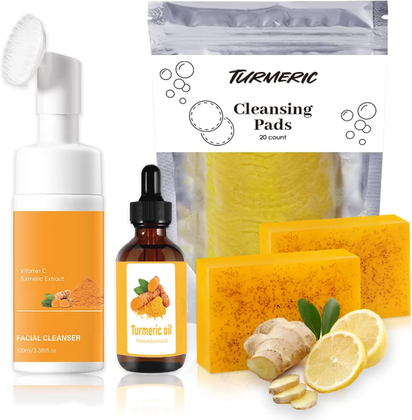 مجموعه ۴ تکه شستشو و مراقبت زردچوبه – ژل شستشوی صورت زردچوبه با برس، پدهای لایه بردار صورت، صابون های پاک کننده و روغن زردچوبه – مراقبت طبیعی پوست برای صورت و بدن