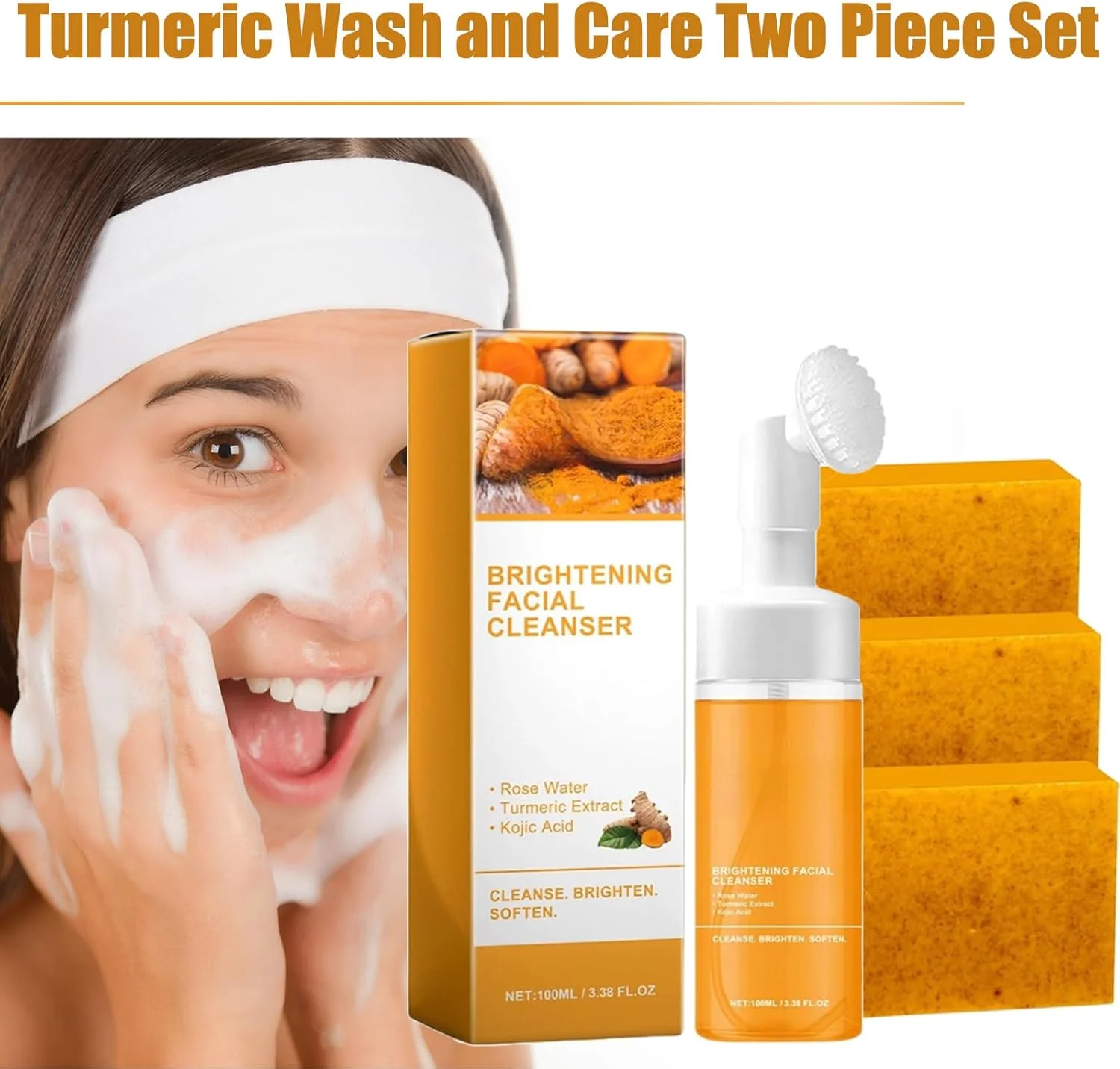 مجموعه دو عددی شستشو و مراقبت زردچوبه، صابون زردچوبه و فیس واش همراه با براش، موس فومینگ پاک کننده عمیق لایه بردار صورت و بدن (2 عددی)